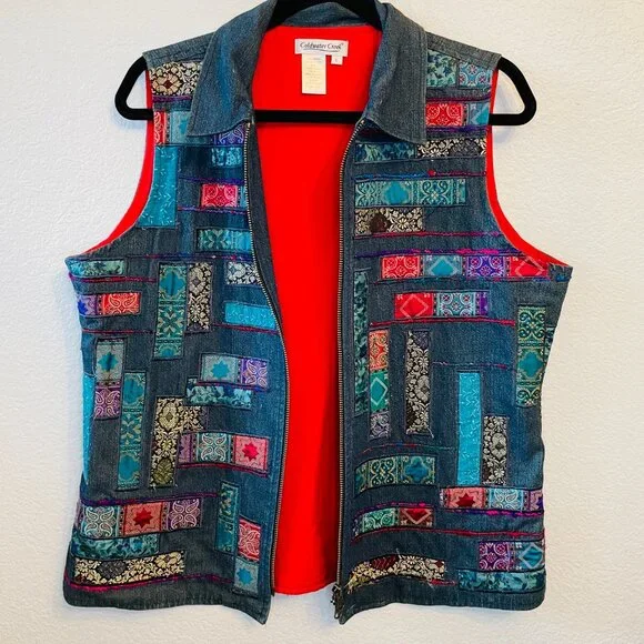 Coldwater Creek Denim Patchwork Embroidered Applique Zip Collared Vest | Large - Picture 8 of 8